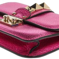Pre Owned Valentino Metallic Pink Leather Mini Rockstud Lock Flap Crossbody Bag