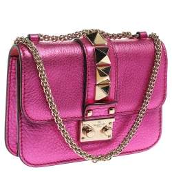 Pre Owned Valentino Metallic Pink Leather Mini Rockstud Lock Flap Crossbody Bag