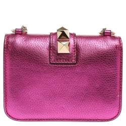 Pre Owned Valentino Metallic Pink Leather Mini Rockstud Lock Flap Crossbody Bag
