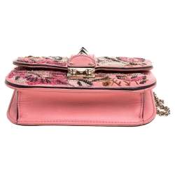 Pre Owned Valentino Pink Embroidered Embellished Leather Small Rockstud Glam Lock Flap Bag