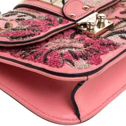 Pre Owned Valentino Pink Embroidered Embellished Leather Small Rockstud Glam Lock Flap Bag