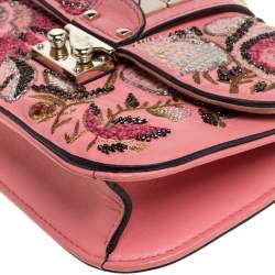 Pre Owned Valentino Pink Embroidered Embellished Leather Small Rockstud Glam Lock Flap Bag