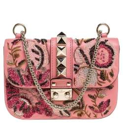 Valentino Pink/Beige Leather Medium Embellished Rockstud Glam Lock
