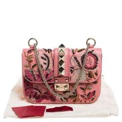 Pre Owned Valentino Pink Embroidered Embellished Leather Small Rockstud Glam Lock Flap Bag