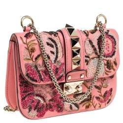 Pre Owned Valentino Pink Embroidered Embellished Leather Small Rockstud Glam Lock Flap Bag