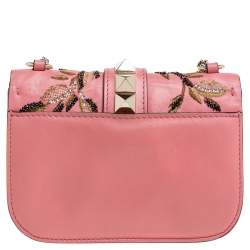 Pre Owned Valentino Pink Embroidered Embellished Leather Small Rockstud Glam Lock Flap Bag