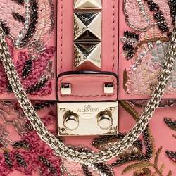 Pre Owned Valentino Pink Embroidered Embellished Leather Small Rockstud Glam Lock Flap Bag