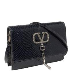 Pre Owned Valentino Blue Python VCASE With Swarovski Crystals Logo Shoulder Bag