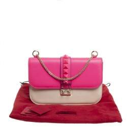 Pre Owned Valentino Neon Pink/White Leather Rockstud Medium Glam Lock Flap Bag