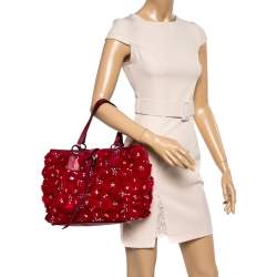 Pre Owned Valentino Red Satin and Leather Crystal Embellished Rosier Tote