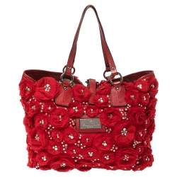 Pre Owned Valentino Red Satin and Leather Crystal Embellished Rosier Tote