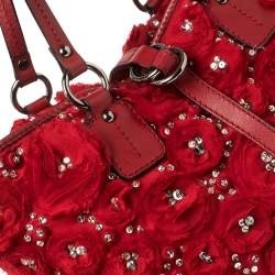 Pre Owned Valentino Red Satin and Leather Crystal Embellished Rosier Tote