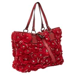 Pre Owned Valentino Red Satin and Leather Crystal Embellished Rosier Tote