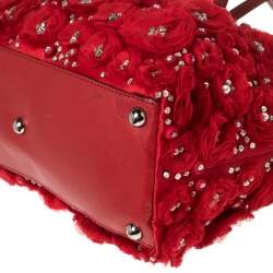 Pre Owned Valentino Red Satin and Leather Crystal Embellished Rosier Tote