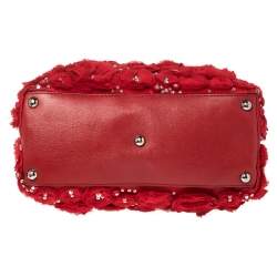 Pre Owned Valentino Red Satin and Leather Crystal Embellished Rosier Tote