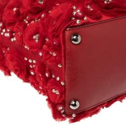 Pre Owned Valentino Red Satin and Leather Crystal Embellished Rosier Tote
