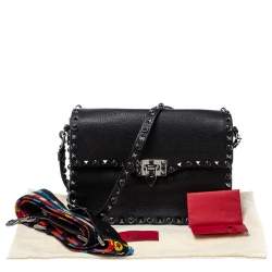 Pre Owned Valentino Black Leather Guitar Rockstud Rolling Crossbody Bag