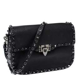 Pre Owned Valentino Black Leather Guitar Rockstud Rolling Crossbody Bag