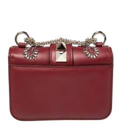 Pre Owned Valentino Maroon Beads Embellished Leather Mini Love Blade Rockstud Glam Lock Shoulder Bag