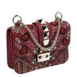 Pre Owned Valentino Maroon Beads Embellished Leather Mini Love Blade Rockstud Glam Lock Shoulder Bag