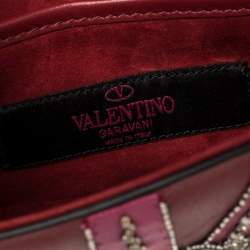 Pre Owned Valentino Maroon Beads Embellished Leather Mini Love Blade Rockstud Glam Lock Shoulder Bag