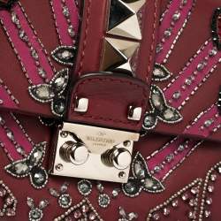 Pre Owned Valentino Maroon Beads Embellished Leather Mini Love Blade Rockstud Glam Lock Shoulder Bag