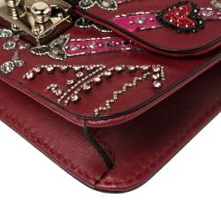 Pre Owned Valentino Maroon Beads Embellished Leather Mini Love Blade Rockstud Glam Lock Shoulder Bag