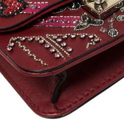 Pre Owned Valentino Maroon Beads Embellished Leather Mini Love Blade Rockstud Glam Lock Shoulder Bag