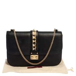 Pre Owned Valentino Black Leather Medium Rockstud Glam Lock Flap Bag