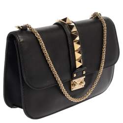 Pre Owned Valentino Black Leather Medium Rockstud Glam Lock Flap Bag