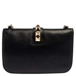 Pre Owned Valentino Black Leather Medium Rockstud Glam Lock Flap Bag
