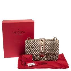 Pre Owned Valentino Old Rose Crystal/Beads Embellished Leather Medium Glam Lock Flap Bag