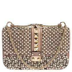 Pre Owned Valentino Old Rose Crystal/Beads Embellished Leather Medium Glam Lock Flap Bag