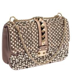 Pre Owned Valentino Old Rose Crystal/Beads Embellished Leather Medium Glam Lock Flap Bag