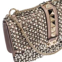 Pre Owned Valentino Old Rose Crystal/Beads Embellished Leather Medium Glam Lock Flap Bag