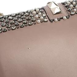 Pre Owned Valentino Old Rose Crystal/Beads Embellished Leather Medium Glam Lock Flap Bag