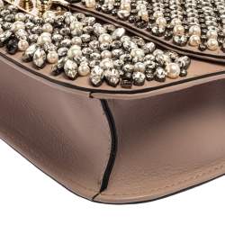 Pre Owned Valentino Old Rose Crystal/Beads Embellished Leather Medium Glam Lock Flap Bag