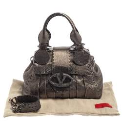 Pre Owned Valentino Metallic Silver Leather Crystal Embellished V Ring Frame Satchel