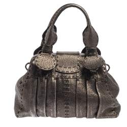 Pre Owned Valentino Metallic Silver Leather Crystal Embellished V Ring Frame Satchel