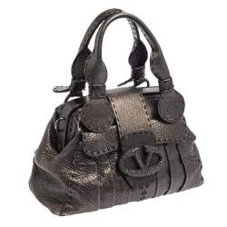 Pre Owned Valentino Metallic Silver Leather Crystal Embellished V Ring Frame Satchel