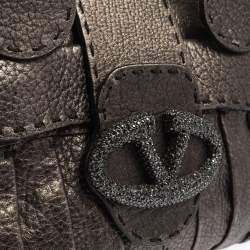 Pre Owned Valentino Metallic Silver Leather Crystal Embellished V Ring Frame Satchel