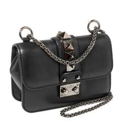 Pre Owned Valentino Black Leather Rockstud Mini Glam Lock Shoulder Bag