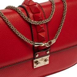 Pre Owned Valentino Red Lipstick Leather Medium Rockstud Glam Lock Flap Bag