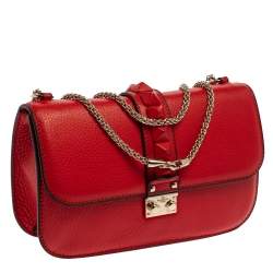 Pre Owned Valentino Red Lipstick Leather Medium Rockstud Glam Lock Flap Bag