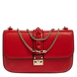 Pre Owned Valentino Red Lipstick Leather Medium Rockstud Glam Lock Flap Bag