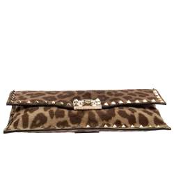 Pre Owned Valentino Brown Pony Hair Rockstud Flap Clutch Bag