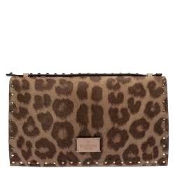Pre Owned Valentino Brown Pony Hair Rockstud Flap Clutch Bag