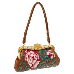 مملوكة مسبقًا حقيبة فالنتينو باغويت إطار مطرز زهور جلد بنية
