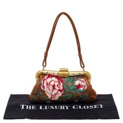 مملوكة مسبقًا حقيبة فالنتينو باغويت إطار مطرز زهور جلد بنية