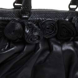 Pre Owned Valentino Black Leather and Snakeskin Lacca Fleur Frame Satchel